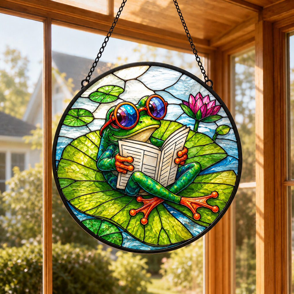 Frog Reading the Paper on a Lily Pad Stained Glass Suncatcher