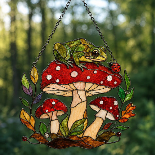 Frog on a Red Toadstool with Autumn Leaves Holographic Acrylic Suncatcher