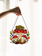 Frog on a Red Toadstool with Autumn Leaves Holographic Acrylic Suncatcher