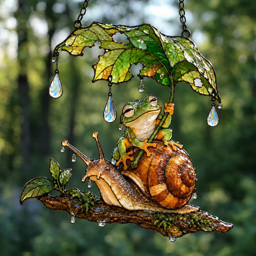 Frog Riding a Snail with Leaf Umbrella Holographic Acrylic Suncatcher