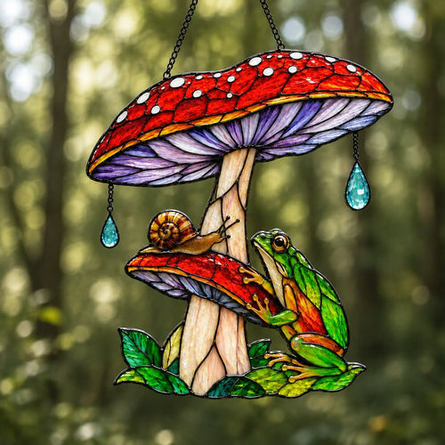 Frog & Snail Mushroom Rain Shelter Holographic Acrylic Suncatcher