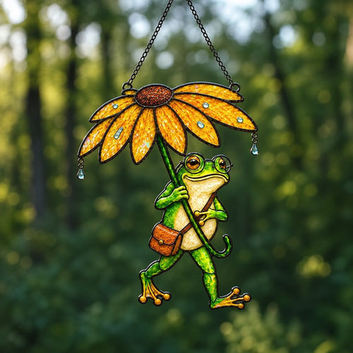 Frog with Sunflower Umbrella in the Rain Holographic Acrylic Suncatcher