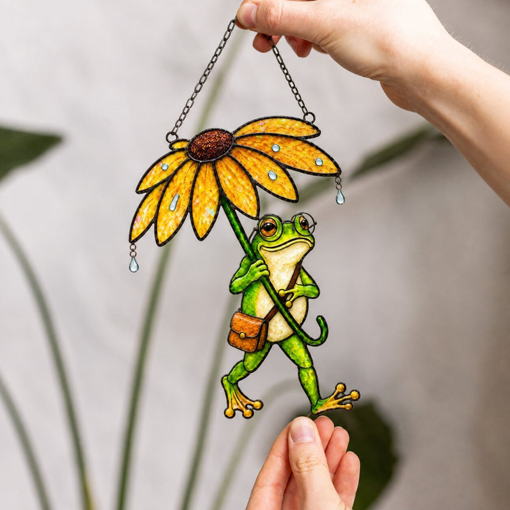 Frog with Sunflower Umbrella in the Rain Holographic Acrylic Suncatcher