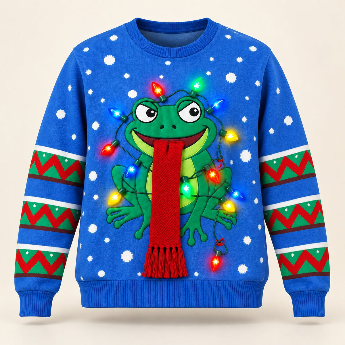 Frog Tangled in Christmas Lights Ugly Christmas Sweater — Long Red Scarf, Blue, Black, Grey or Red, S to 5XL
