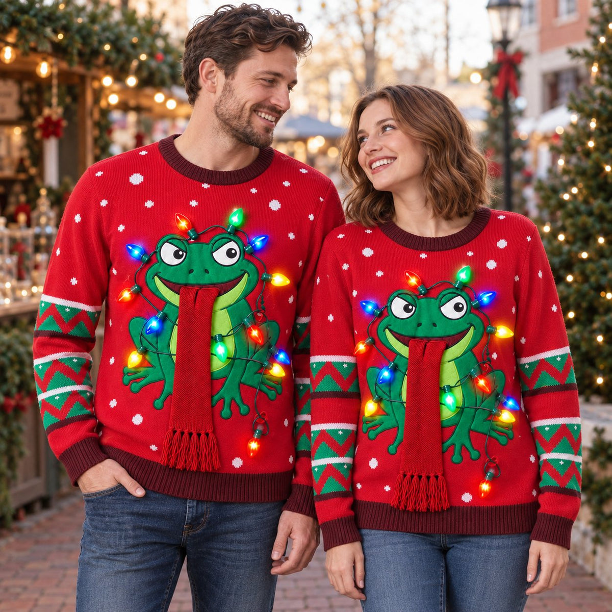 Frog Tangled in Christmas Lights Ugly Christmas Sweater — Long Red Scarf, Blue, Black, Grey or Red, S to 5XL