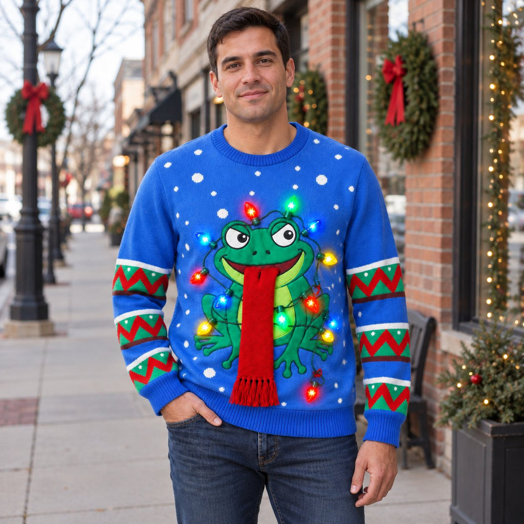 Frog Tangled in Christmas Lights Ugly Christmas Sweater — Long Red Scarf, Blue, Black, Grey or Red, S to 5XL