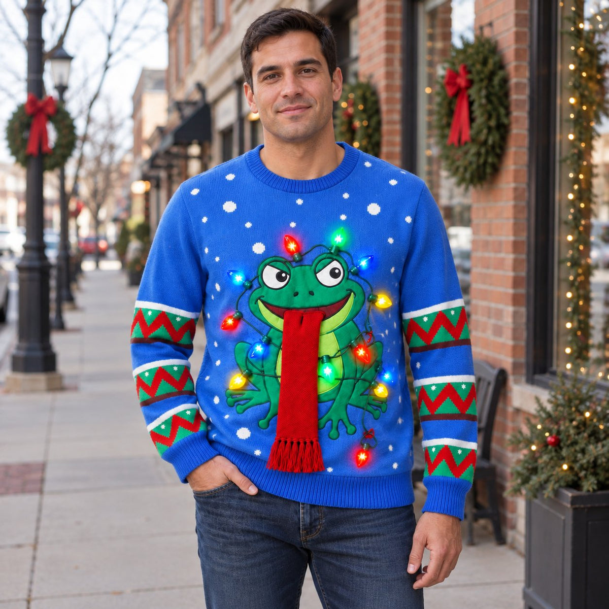 Frog Tangled in Christmas Lights Ugly Christmas Sweater — Long Red Scarf, Blue, Black, Grey or Red, S to 5XL