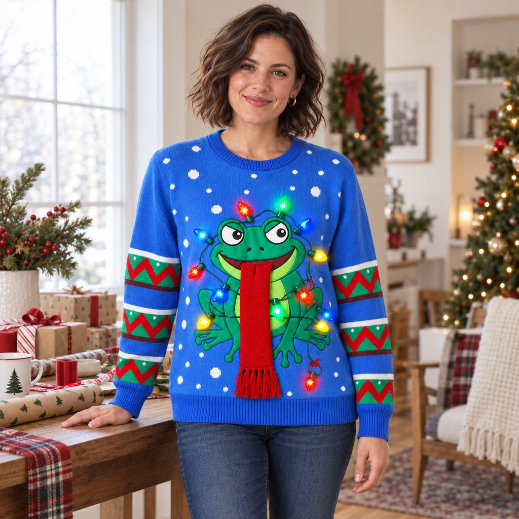 Frog Tangled in Christmas Lights Ugly Christmas Sweater — Long Red Scarf, Blue, Black, Grey or Red, S to 5XL