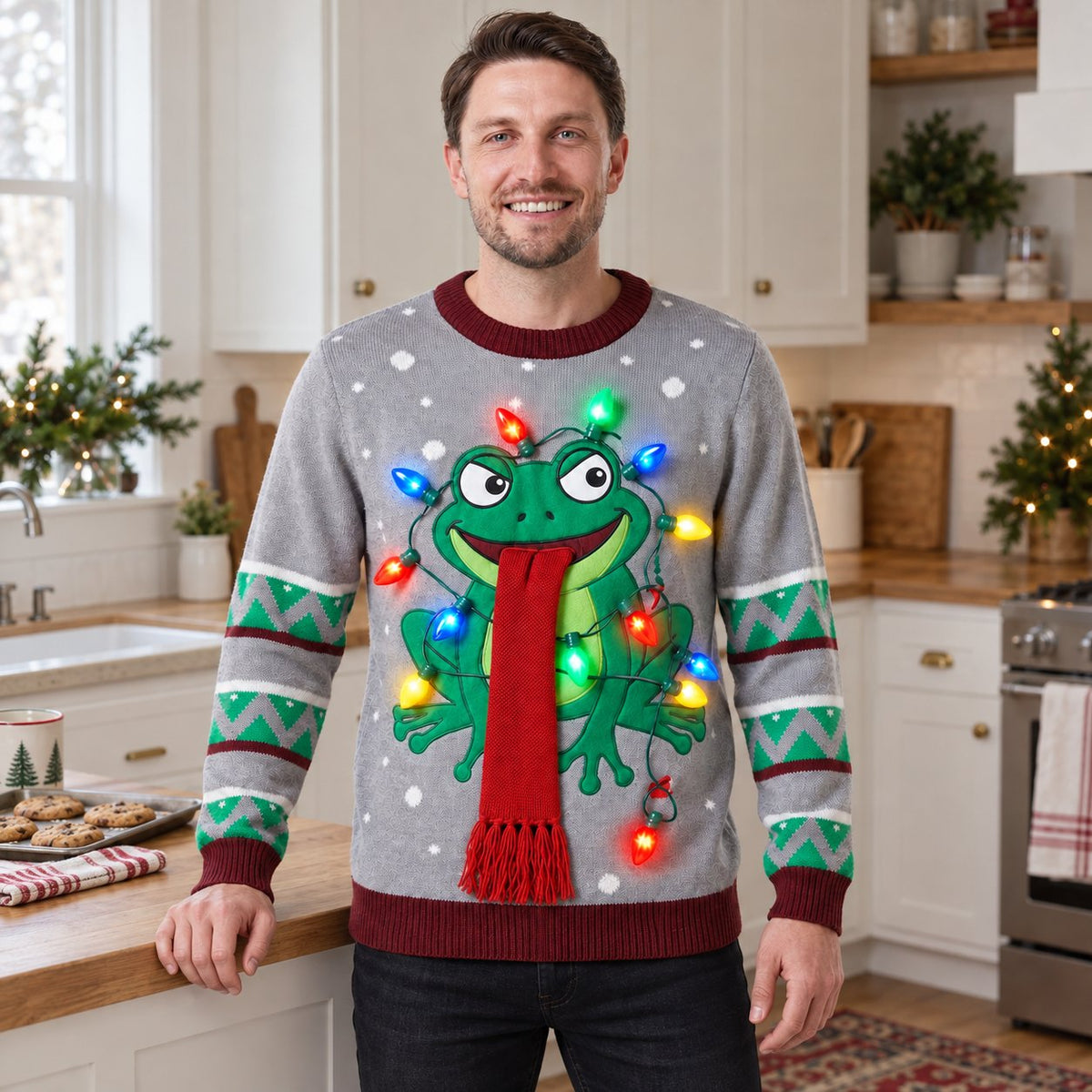 Frog Tangled in Christmas Lights Ugly Christmas Sweater — Long Red Scarf, Blue, Black, Grey or Red, S to 5XL