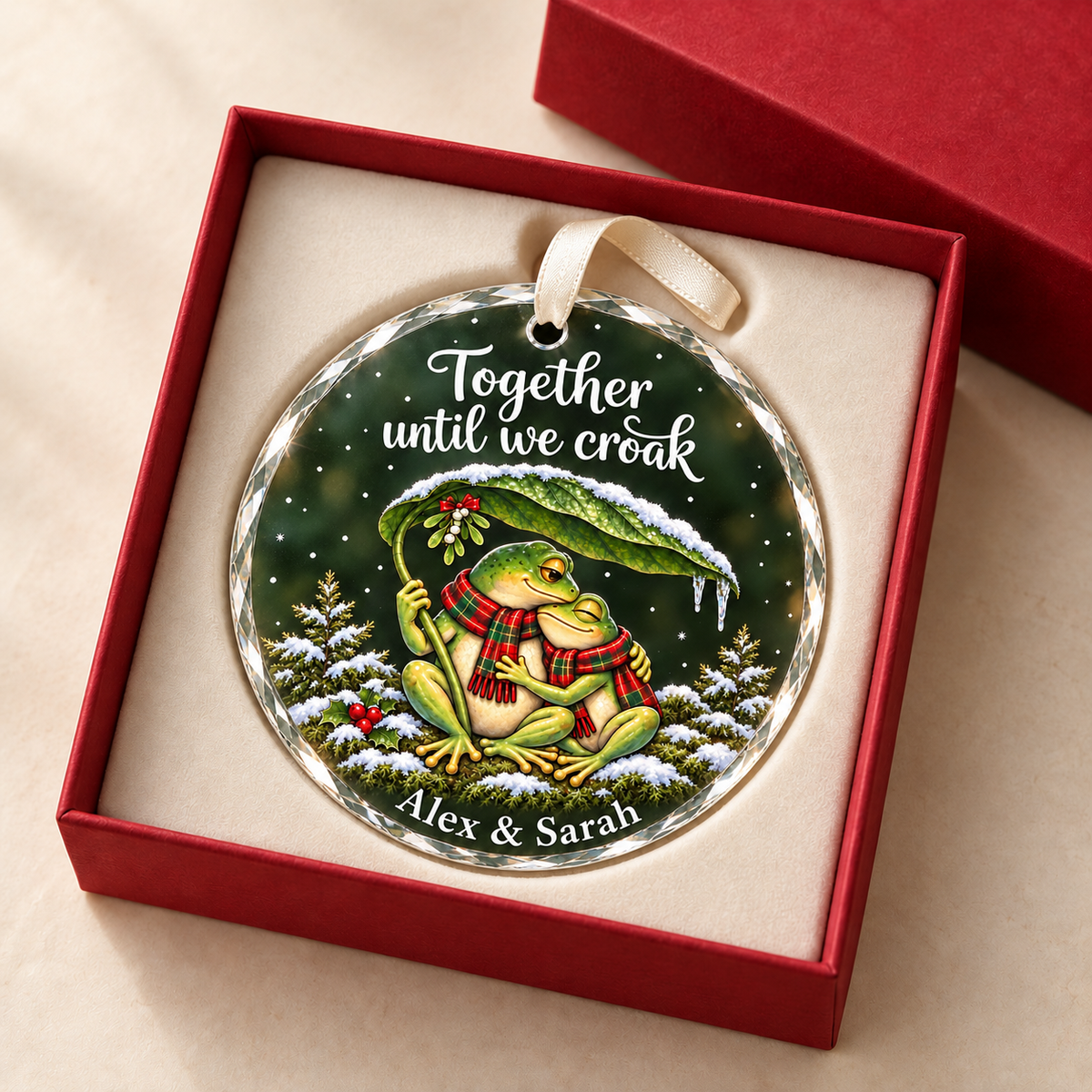 Personalized Together Until We Croak Frog Couple Snowy Leaf Glass Christmas Ornament