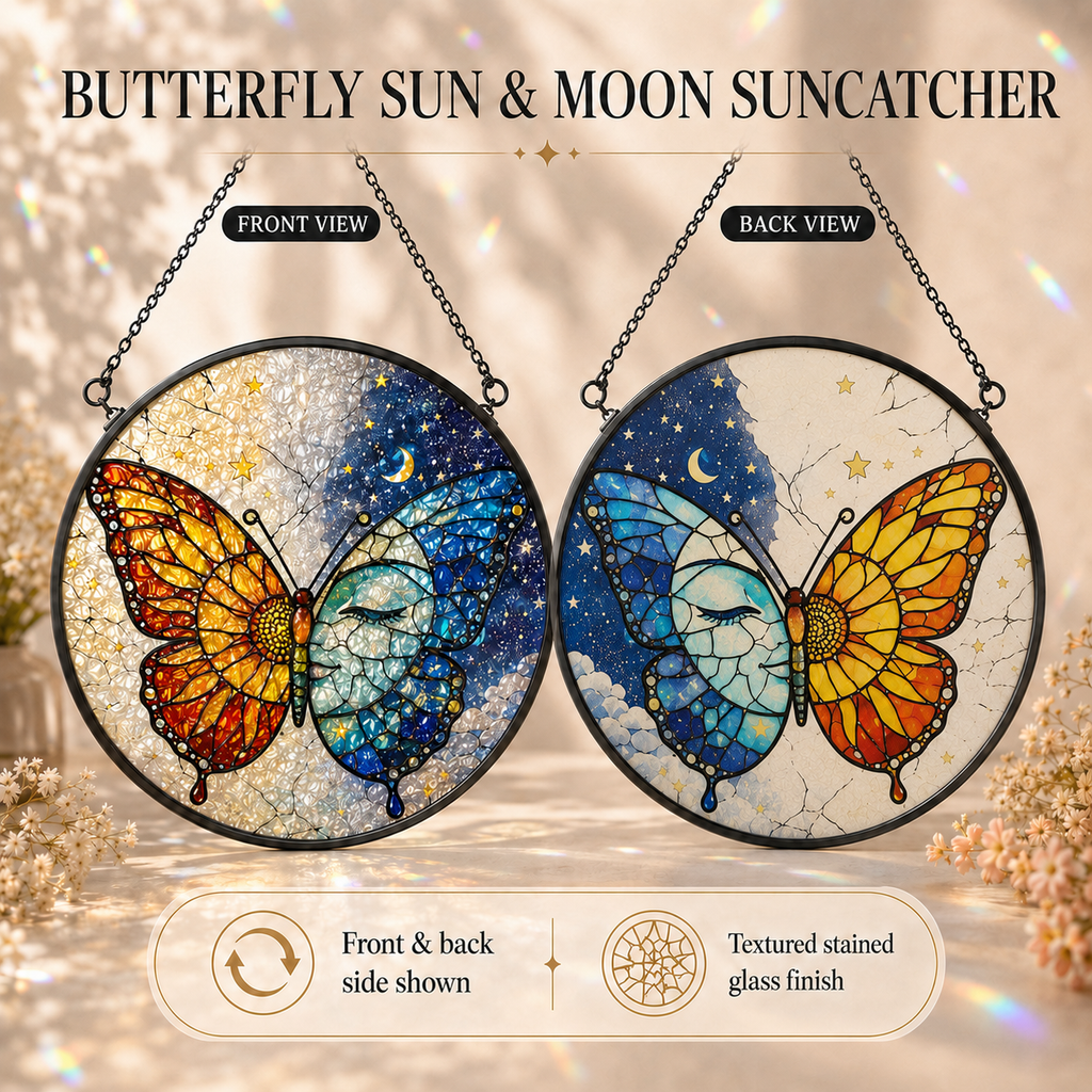 Butterfly sun and moon suncatcher with front and back views on a decorative background.