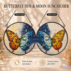 Butterfly sun and moon suncatcher with front and back views on a decorative background.