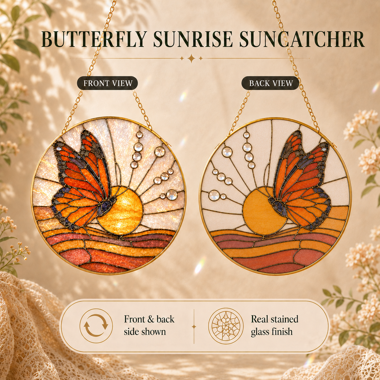 Butterfly sunrise suncatcher with front and back views on a beige background