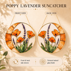 Poppy lavender suncatcher with front and back views on a beige background