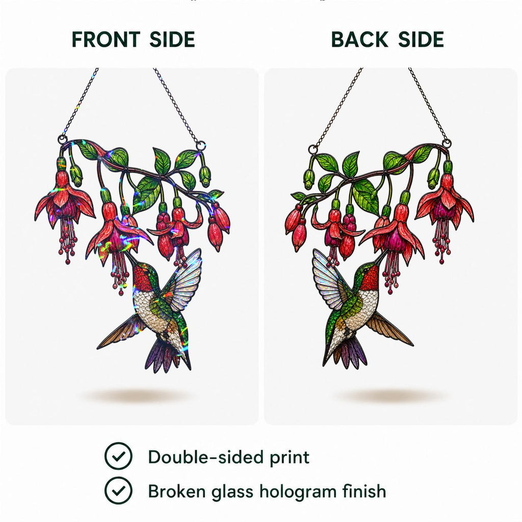 Front and back view of the Fuchsia Hummingbird holographic acrylic suncatcher, showing double-sided print and broken glass hologram finish.