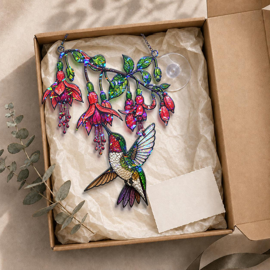 Fuchsia Hummingbird holographic acrylic suncatcher displayed inside a kraft gift box with tissue paper, suction cup, and botanical accents.