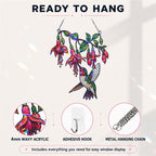 Ready-to-hang product image of the Fuchsia Hummingbird holographic acrylic suncatcher with 4mm wavy acrylic, adhesive hook, and metal hanging chain.