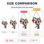 Size comparison chart for the Fuchsia Hummingbird holographic acrylic suncatcher, available in 6, 8, 10, and 12 inches with 10 inches marked as the best size.