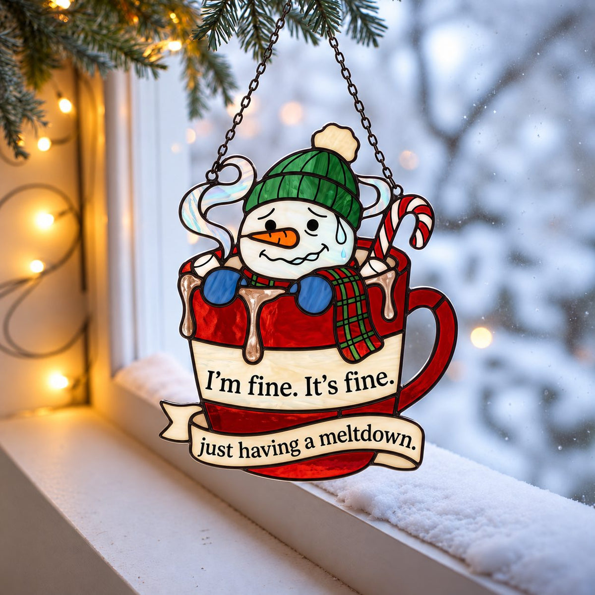 I'm Fine, It's Fine Snowman in a Cocoa Mug Holographic Acrylic Suncatcher