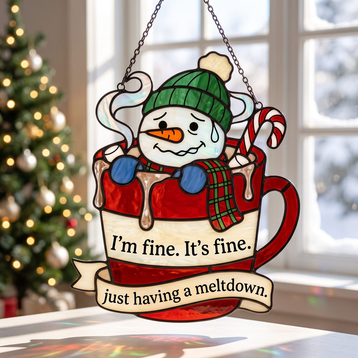 I'm Fine, It's Fine Snowman in a Cocoa Mug Holographic Acrylic Suncatcher