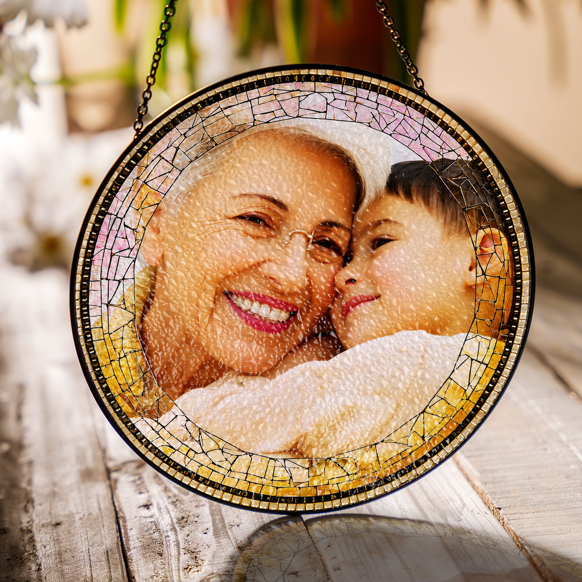 Personalized Photo Grandma Suncatcher – Custom Family Photo Stained Glass Window Hanging
