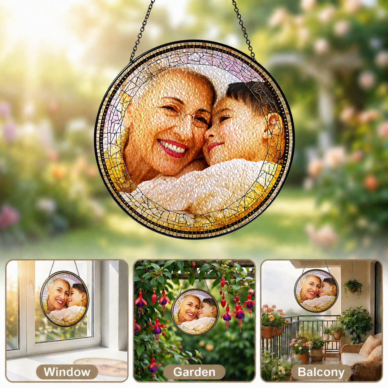 Personalized Photo Grandma Suncatcher – Custom Family Photo Stained Glass Window Hanging