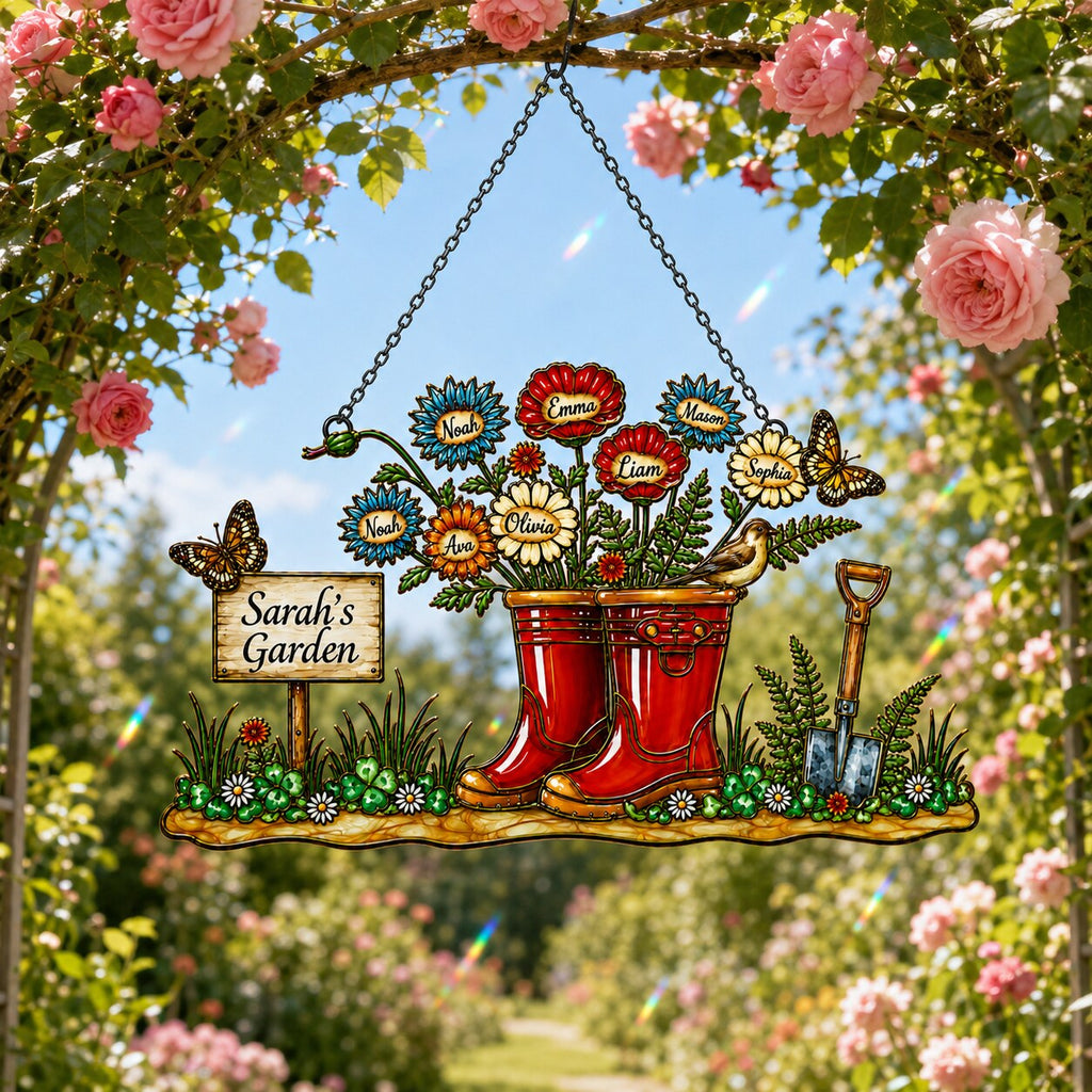 Grandma's Garden Wellington Boots suncatcher in a sunlit window