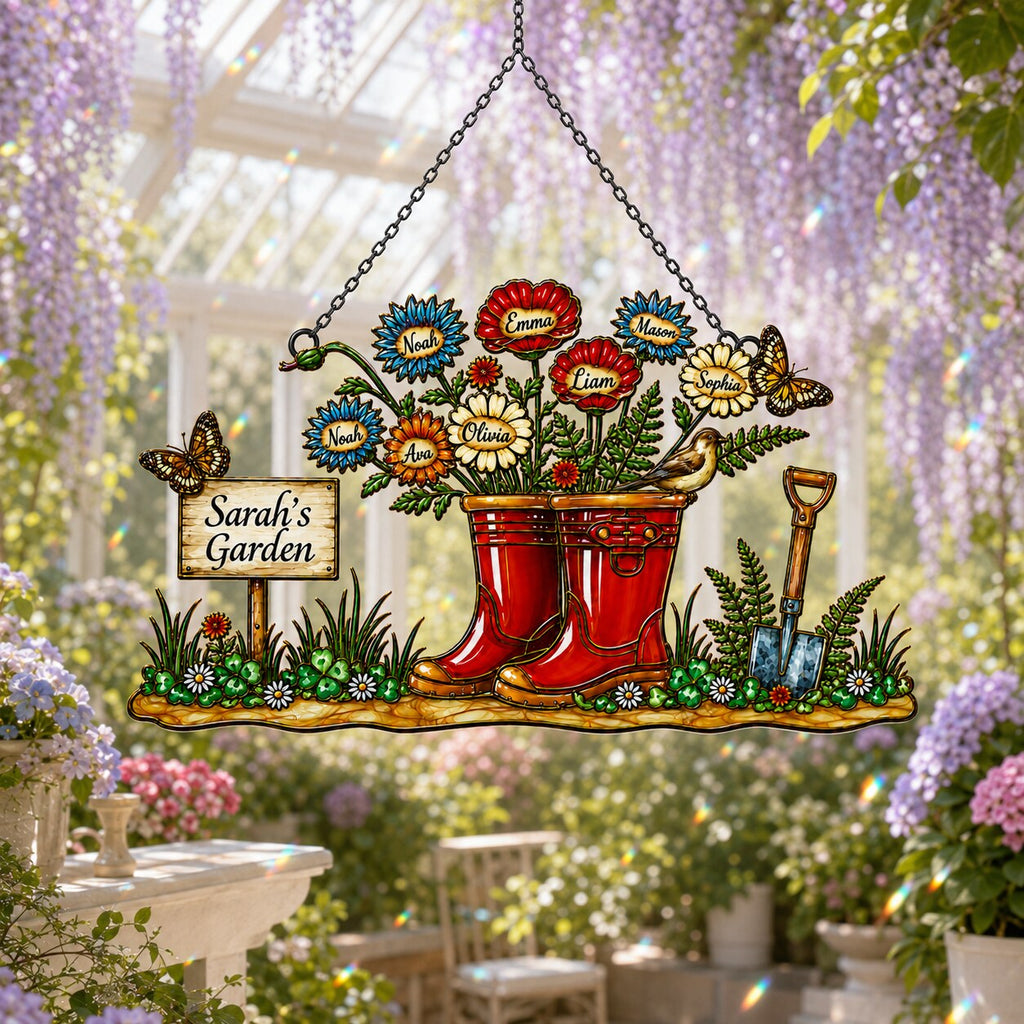 Personalized garden boots suncatcher with grandkids names