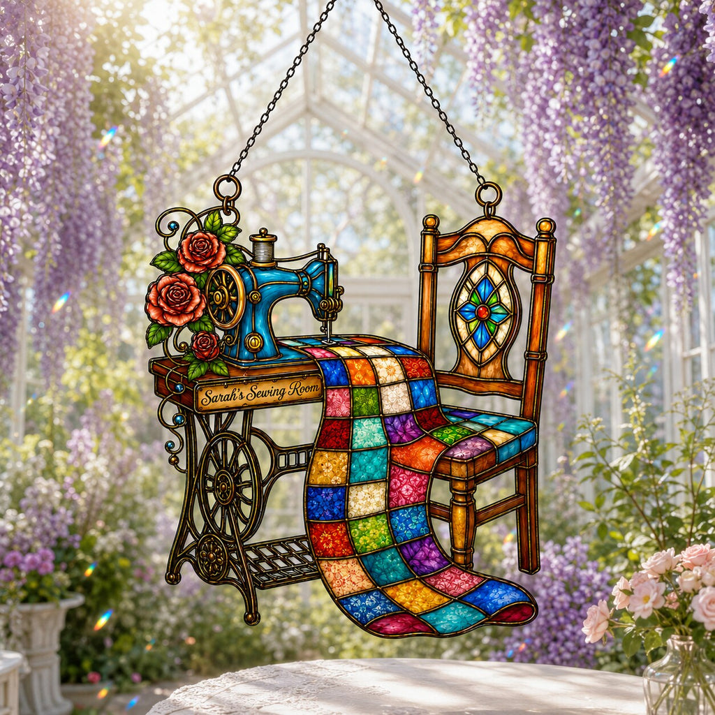 Personalized Sewing Room Quilt Holographic Acrylic Suncatcher