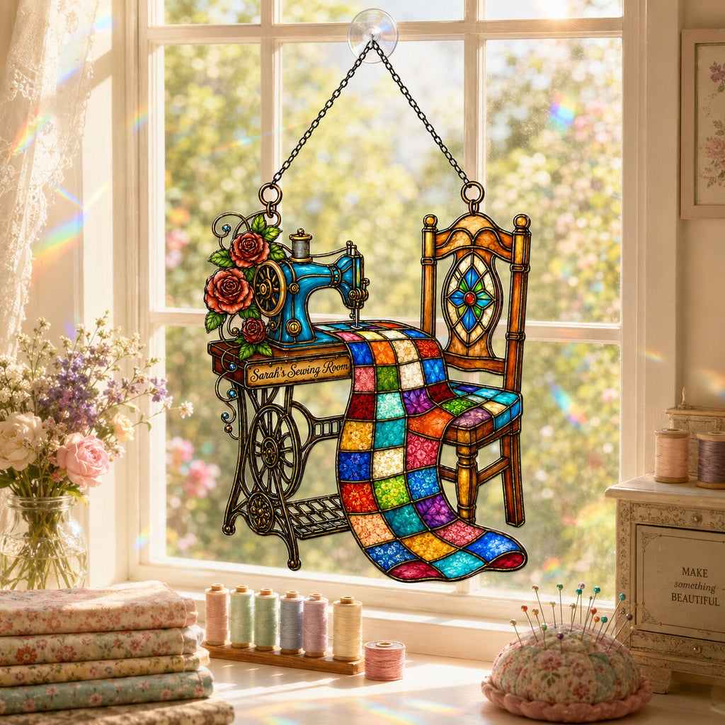 Personalized Sewing Room Quilt Holographic Acrylic Suncatcher