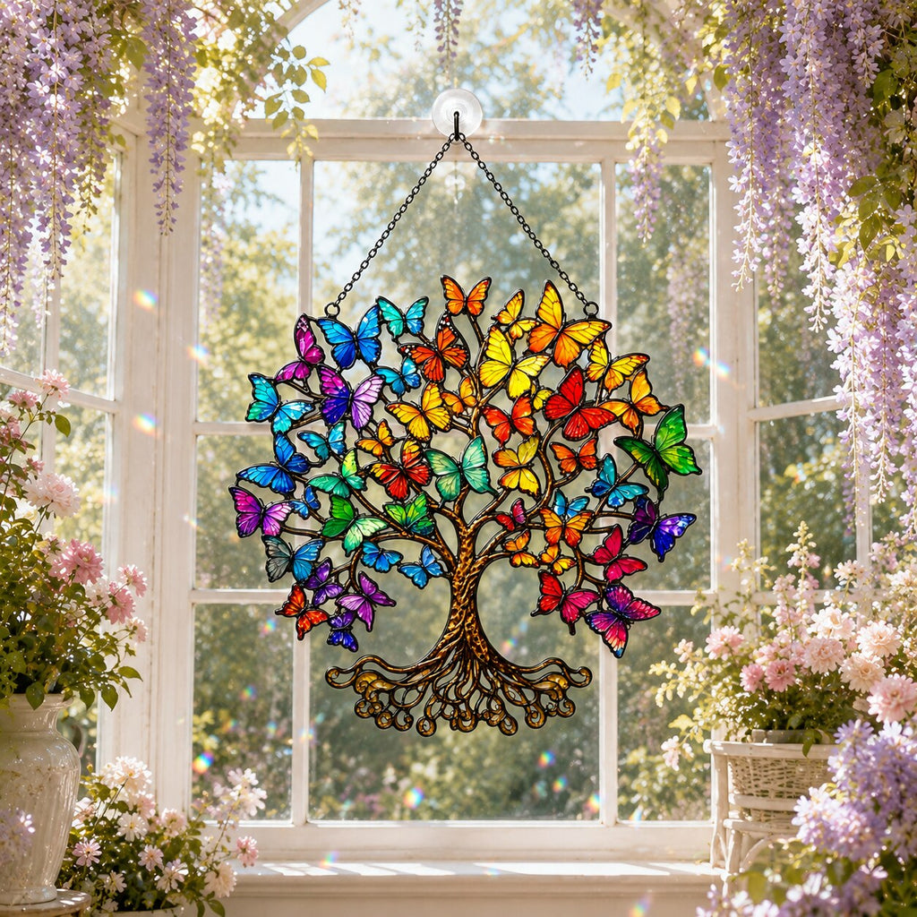 Rainbow Butterfly Tree of Life Holographic Acrylic Suncatcher