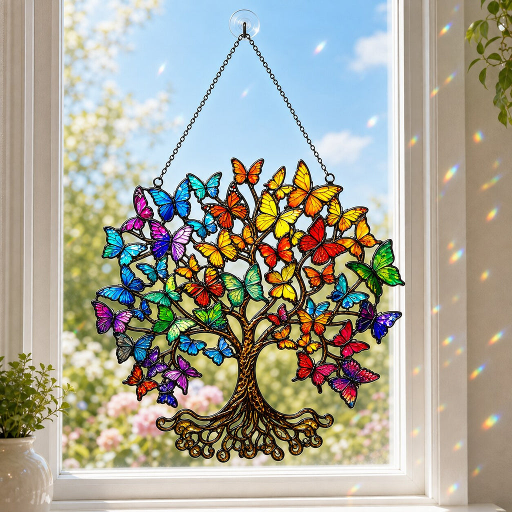 Rainbow Butterfly Tree of Life Holographic Acrylic Suncatcher