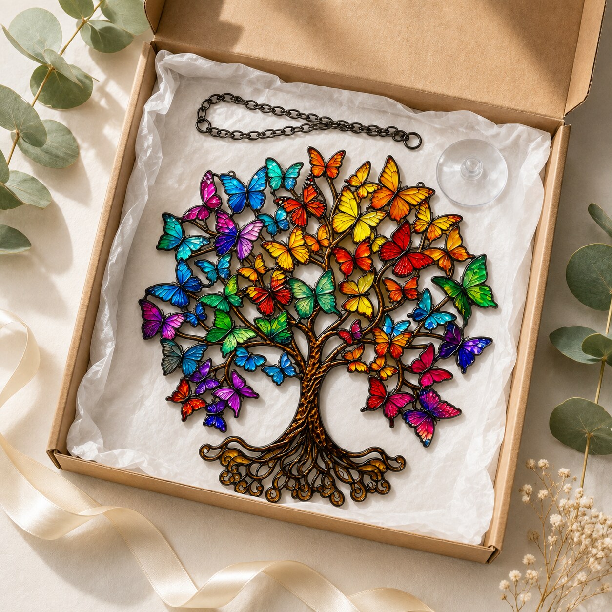Rainbow Butterfly Tree of Life Holographic Acrylic Suncatcher