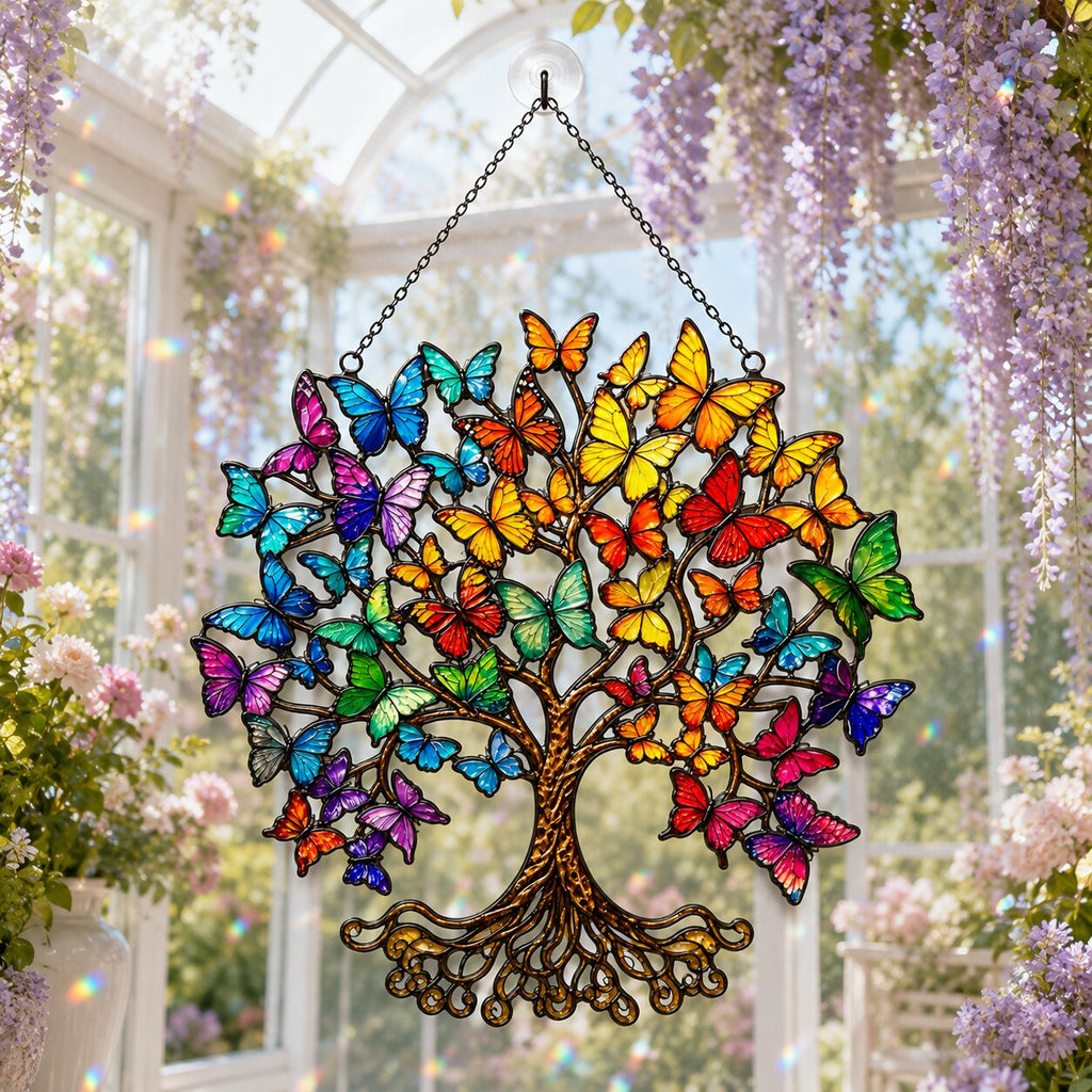 Rainbow Butterfly Tree of Life Holographic Acrylic Suncatcher