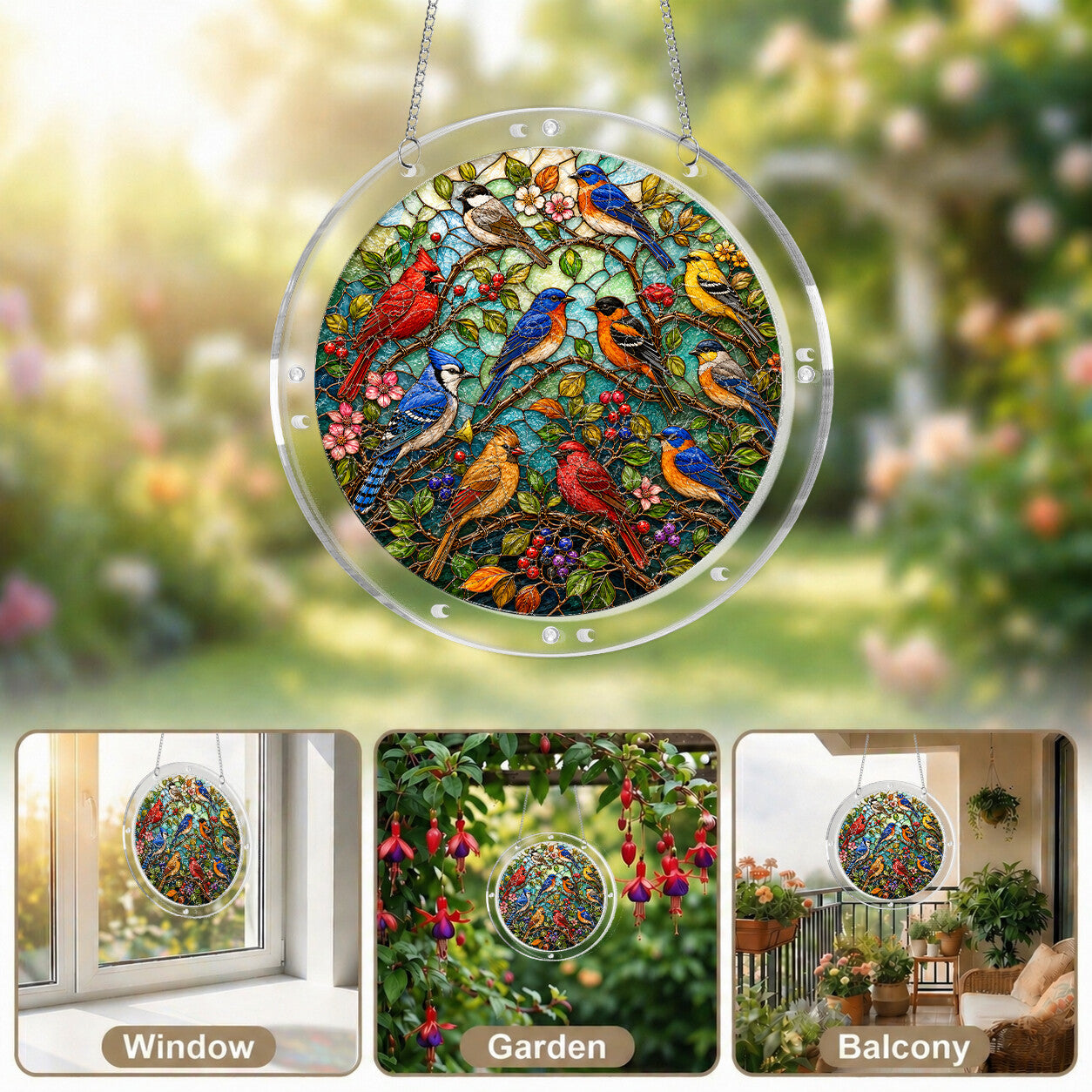 Garden songbird acrylic puzzle suncatcher, colorful DIY window decor