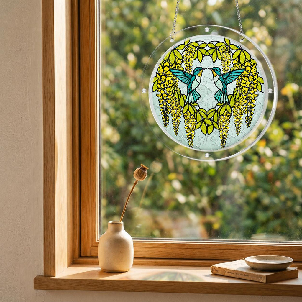 Citrine hummingbird acrylic puzzle suncatcher displayed in a cozy wooden window corner with soft daylight.