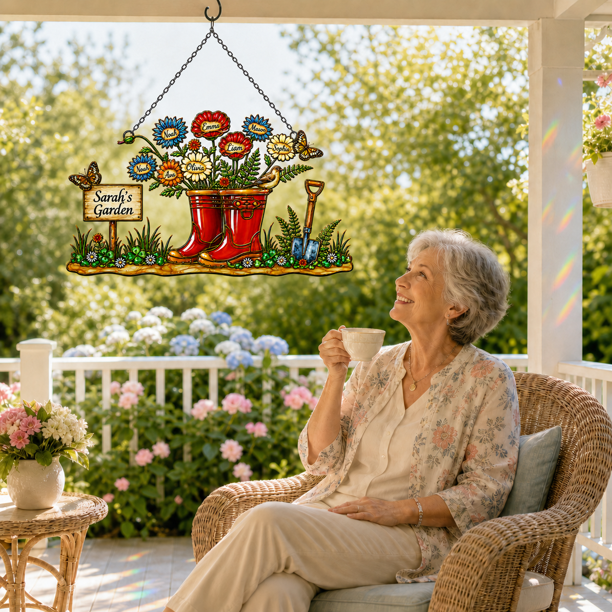 Personalized Grandma's Garden Wellington Boots Holographic Acrylic Suncatcher