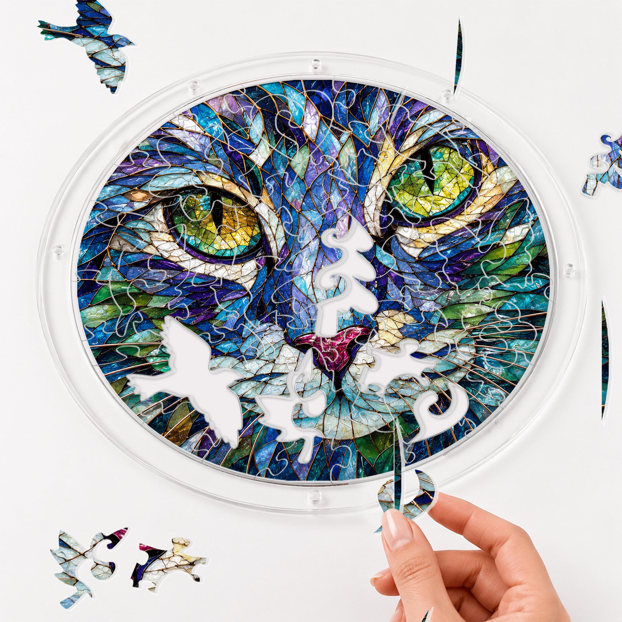 Green-eyed cat acrylic puzzle suncatcher, colorful DIY stained-glass-style window decor