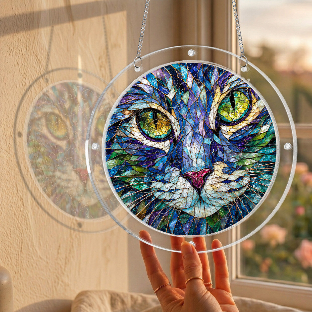 Green-eyed cat acrylic puzzle suncatcher, colorful DIY stained-glass-style window decor