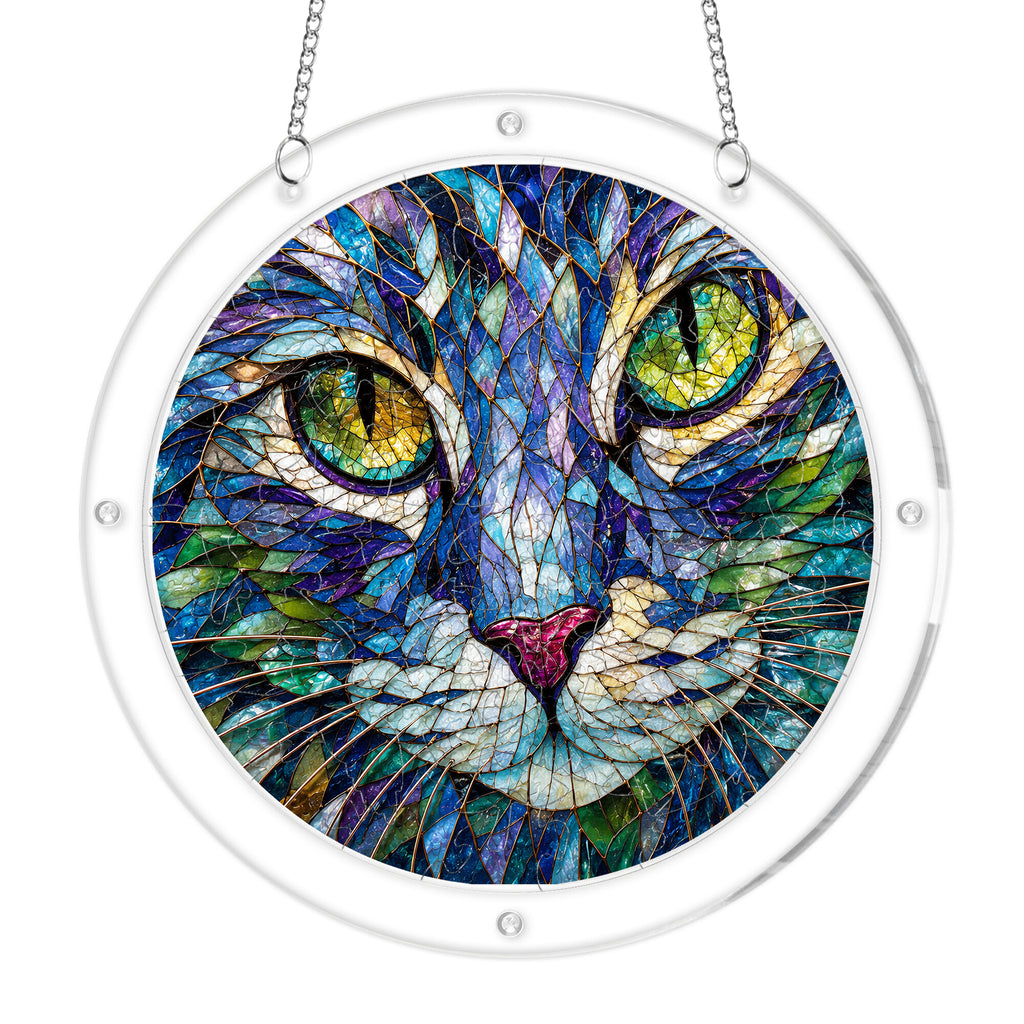 Green-eyed cat acrylic puzzle suncatcher, colorful DIY stained-glass-style window decor