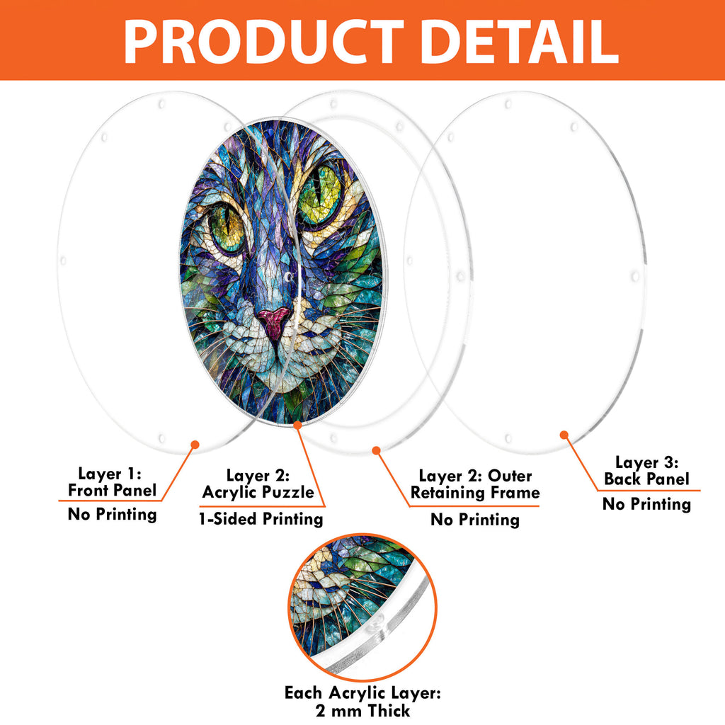 Green-eyed cat acrylic puzzle suncatcher, colorful DIY stained-glass-style window decor