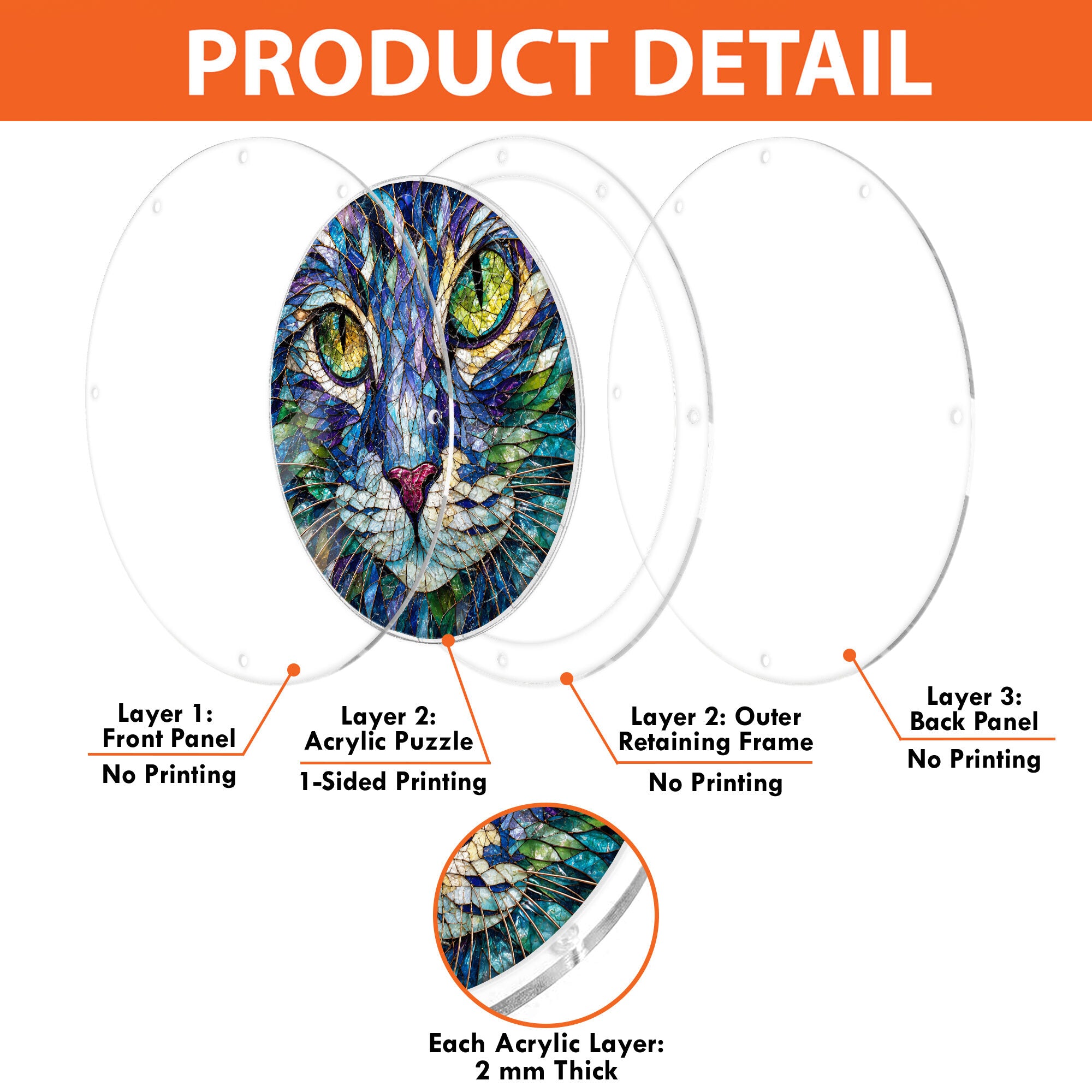 Green-eyed cat acrylic puzzle suncatcher, colorful DIY stained-glass-style window decor