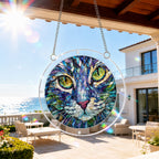 Green-eyed cat acrylic puzzle suncatcher, colorful DIY stained-glass-style window decor