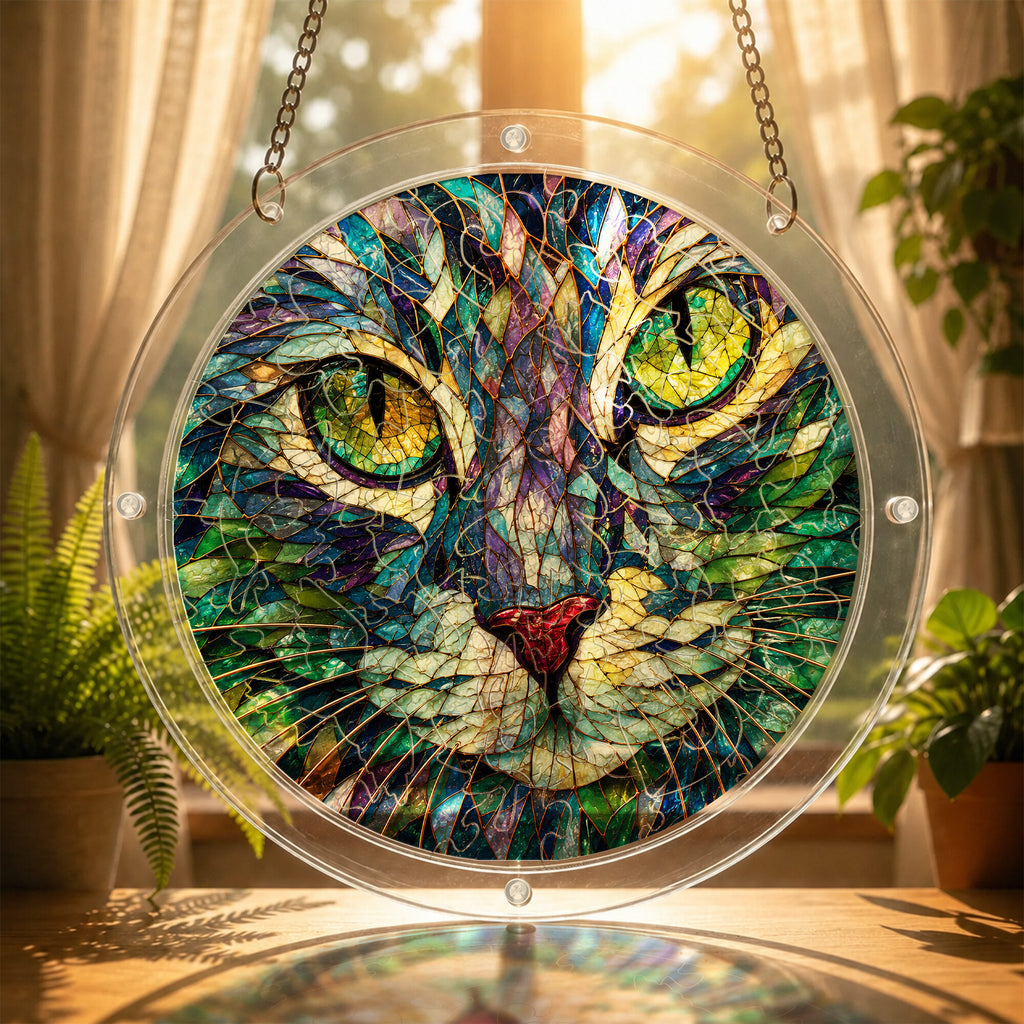 Green-eyed cat acrylic puzzle suncatcher, colorful DIY stained-glass-style window decor