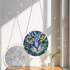 Green-eyed cat acrylic puzzle suncatcher, colorful DIY stained-glass-style window decor