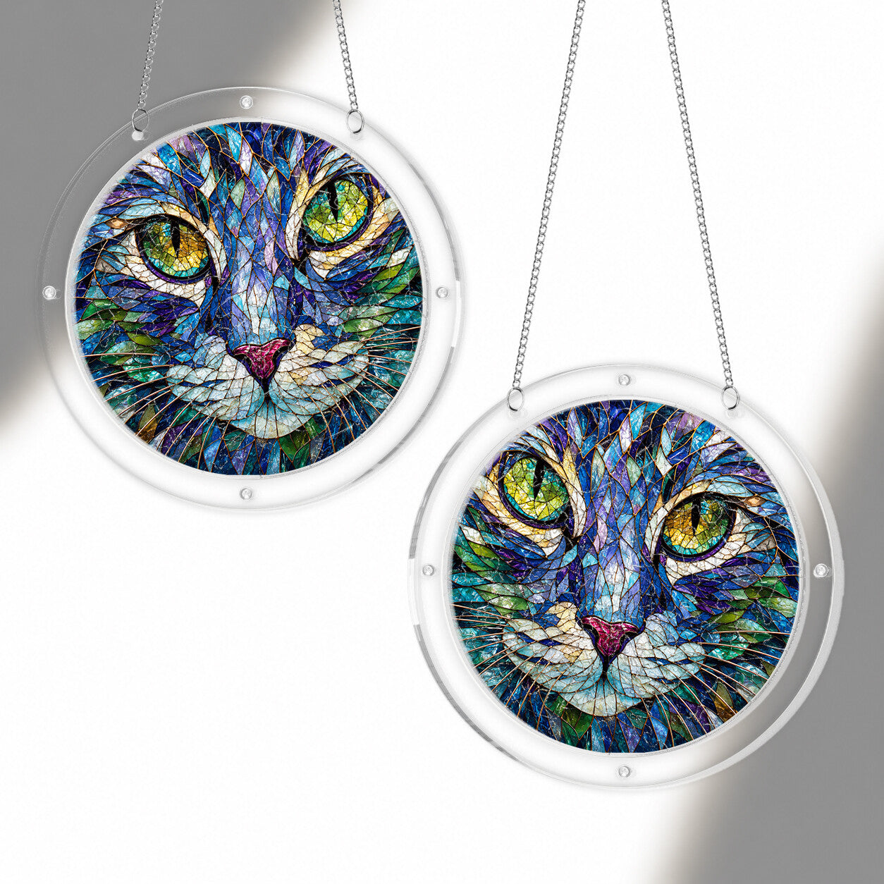 Green-eyed cat acrylic puzzle suncatcher, colorful DIY stained-glass-style window decor