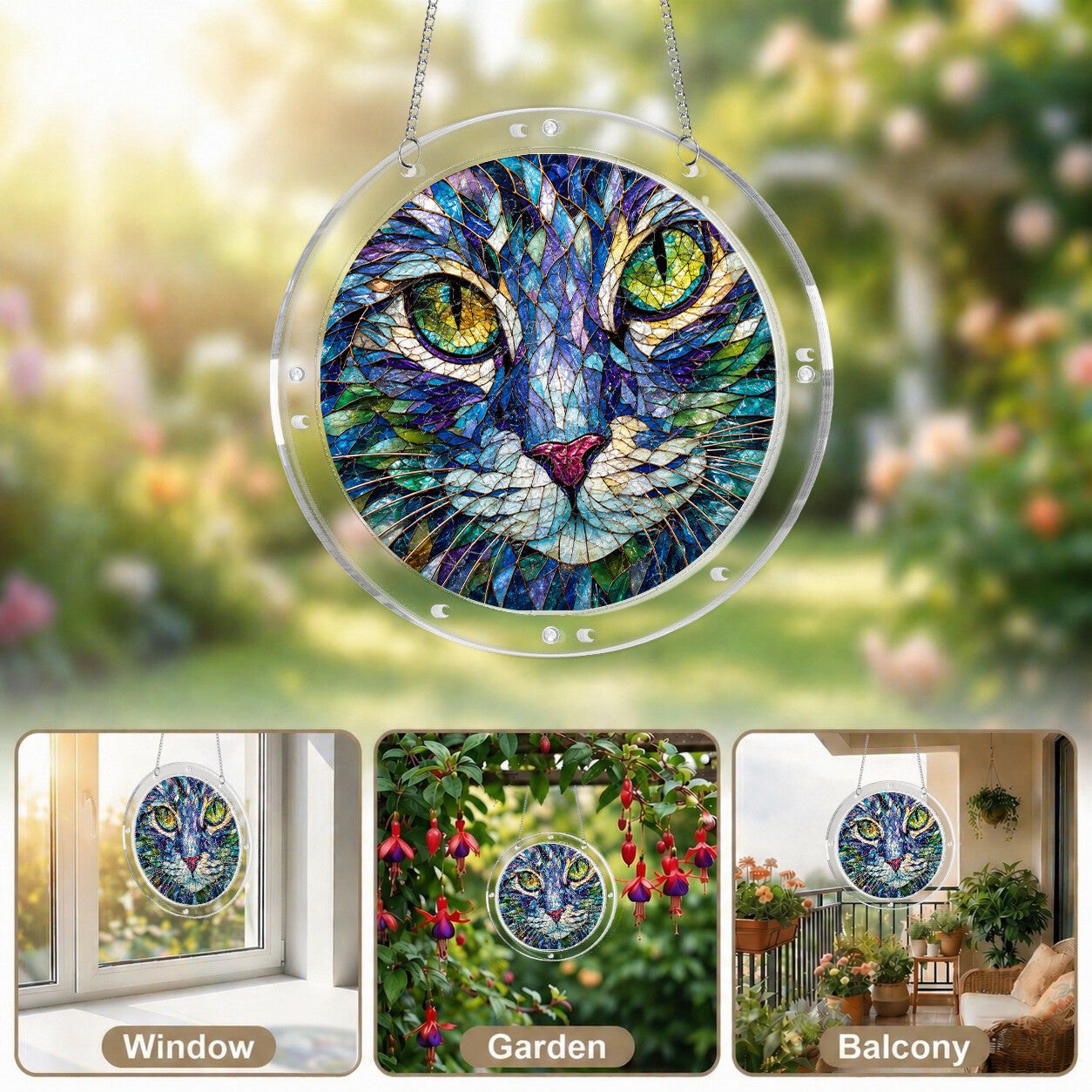 Green-eyed cat acrylic puzzle suncatcher, colorful DIY stained-glass-style window decor