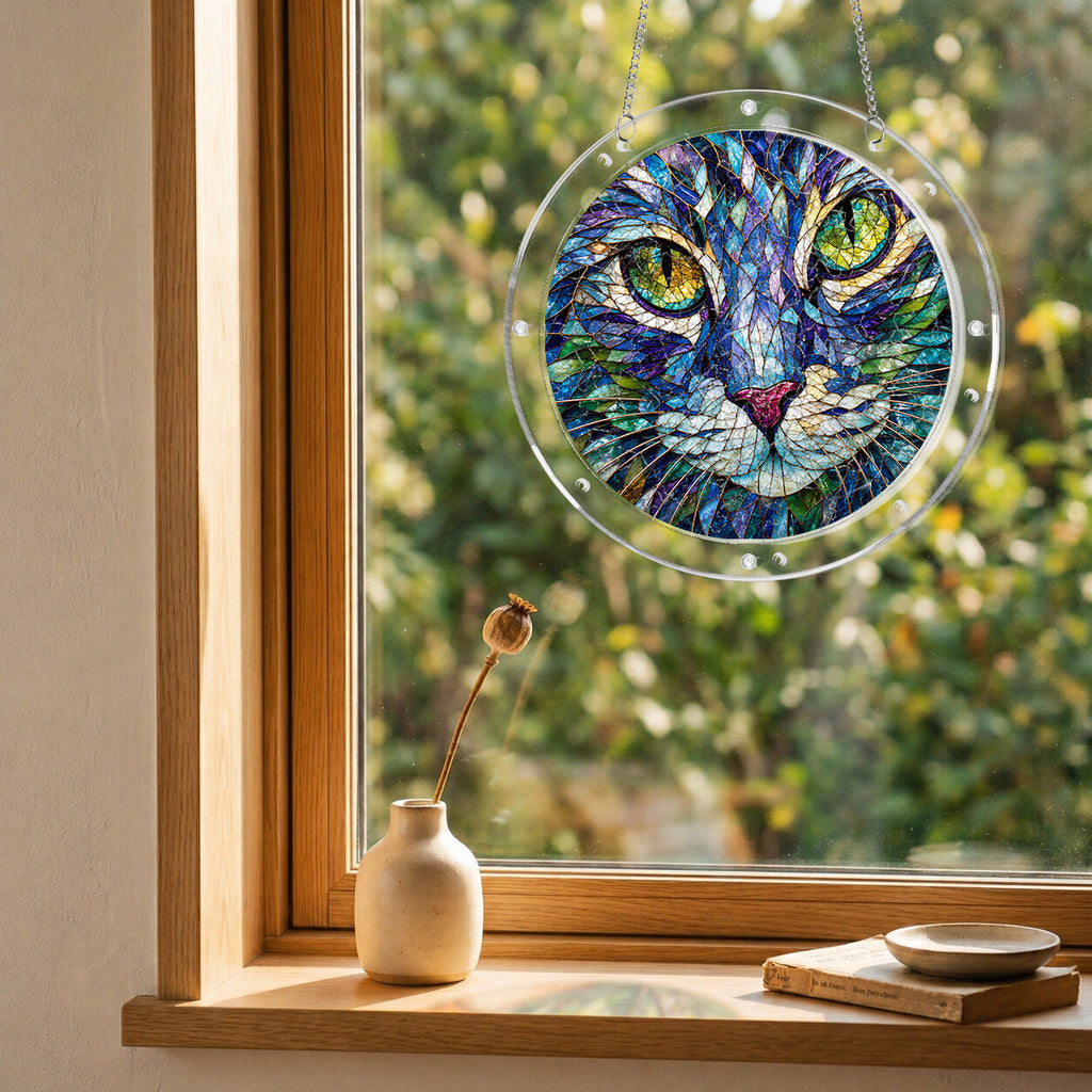 Green-eyed cat acrylic puzzle suncatcher, colorful DIY stained-glass-style window decor