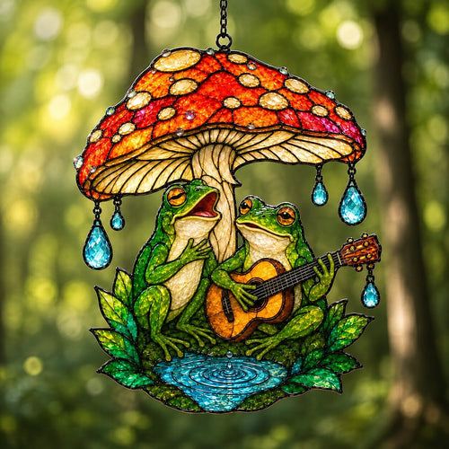 Guitar Frog Under a Mushroom in the Rain Holographic Acrylic Suncatcher