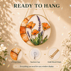 Decorative wall hanging with flowers and text 'Ready to Hang' on a beige background.